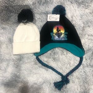 Disney Little Mermaid Girls Pom Pom Beanie Hat Tassels & White Hat Bundle Set